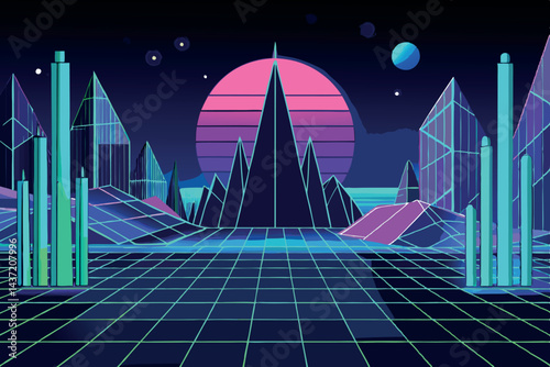 Futuristic digital landscape with towering geometric structures, glowing grid, and vertical light beams under a cosmic sky, Tech Background