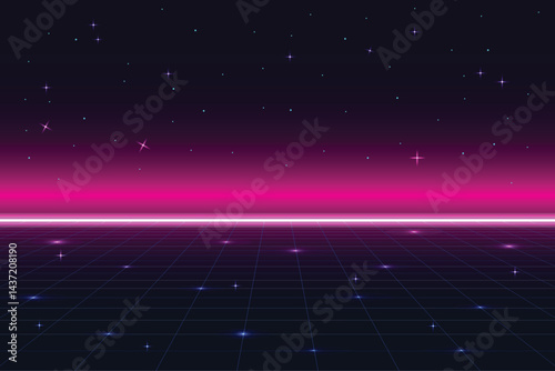 Retro cyberpunk pixel art game scene from the 80s. Dark pink 8-bit sci-fi background. Glowing neon grid and stars from a vintage arcade computer game.