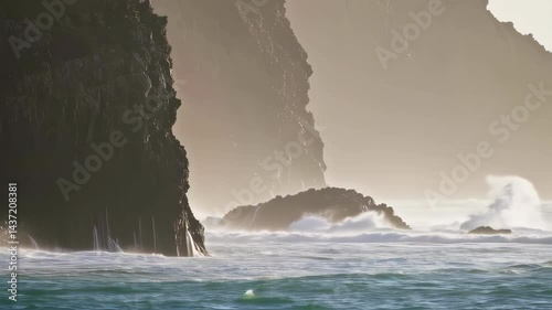 waves crashing on rocks at the morning