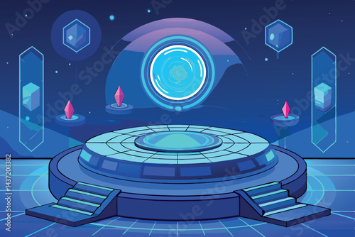 Futuristic holographic platform with glowing blue circular design and abstract geometric shapes, high tech interface with illuminated elements, tech background