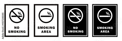 Minimal vector signs showing No Smoking and Smoking Area icons in light and dark themes. Clear, professional, and perfect for public places, offices, hospitals, and airports. Vector, cigarette.