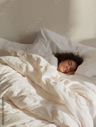 Sleeping woman in soft white linen, bathed in peaceful morning light | Emotional Recovery & Sleep Concept