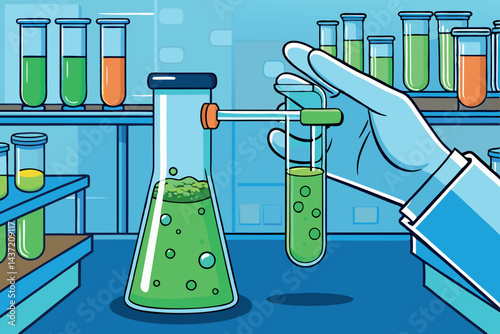 Scientific laboratory scene with test tubes and pipette droplet, chemical research and experiments in progress tech Background