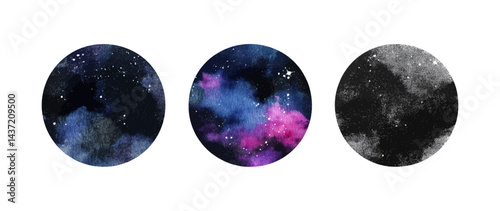 Watercolor Painting of Cosmic Galaxy and Starry Sky in Circular Orbs with Dark Background