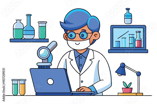 Digital illustration of a scientist in a lab coat with blue hair working with laboratory equipment and a computer in a modern research laboratory environment