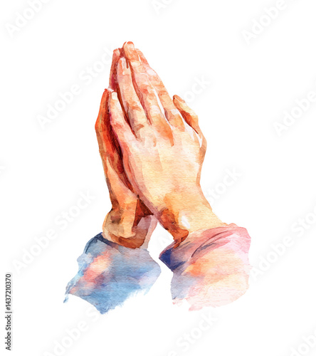 Watercolor Painting of Hands Clasped in Prayer Against Black Background