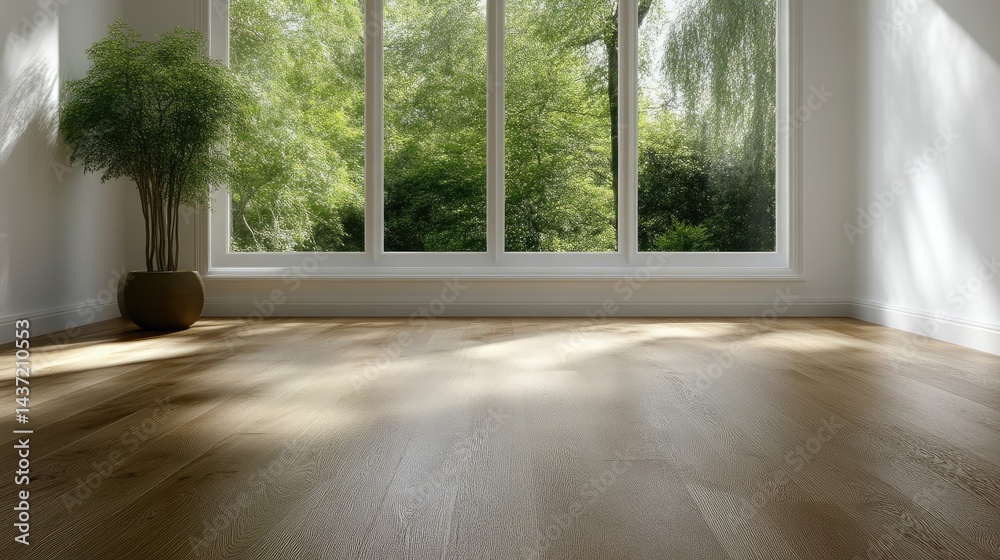 Obraz premium Empty room with large window and hardwood floor. Sunlight streams through the window, illuminating the light-brown floor. A potted plant sits in the corner