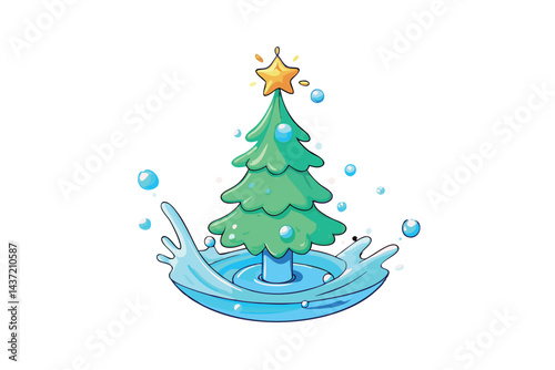Christmas tree with a star on top surrounded by a dynamic water splash and crystalline effects, symbolizing a magical holiday season
