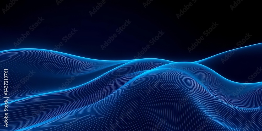 Obraz premium Abstract dark blue wavy stripes background with thin cyan lines; smooth curves, futuristic, sci-fi, simple pattern, neon, stripes