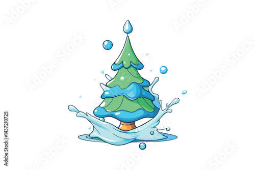 Holiday themed image featuring a sparkling Christmas tree with water splashes and crystalline structures, evoking a fresh and festive mood
