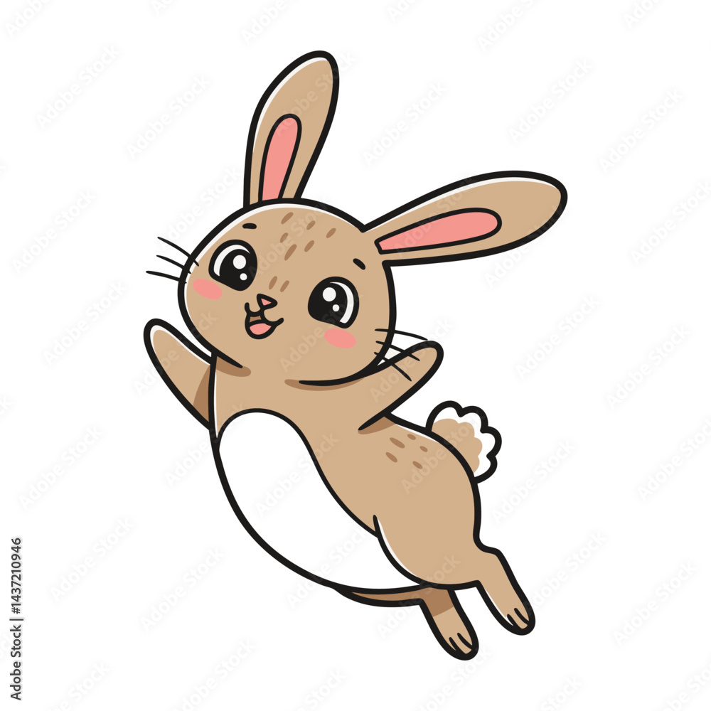 Fototapeta premium Cute Cartoon Bunny Adorable Brown Rabbit Character with Big Ears on White Background