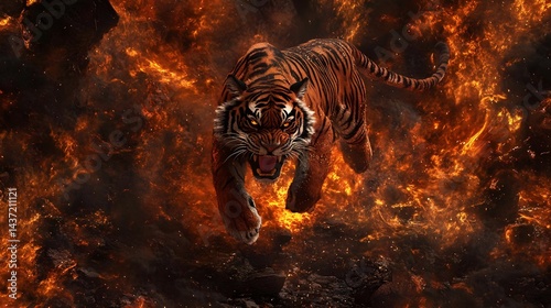 Highly Detailed Tiger in Fiery Background with Curly Swirls and Texture