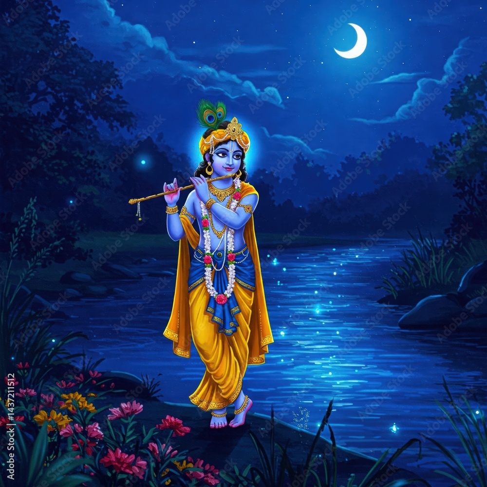 Fototapeta premium krishna bhagwan photo | cute krishna images wallpapers | little radha krishna drawing | krishna wallpaper hd 4k | krishna janmashtami | krishna jayanthi | Divine Lord Krishna Playing Flute Spiritual