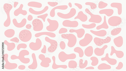 Abstract pink blobs with irregular shapes on a white background, creating a cow or dalmatian pattern. Ideal for creative decor and modern design projects.