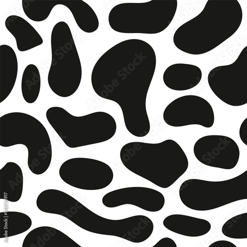 Seamless cow or dalmatian spot pattern with bold black shapes on white. Ideal for wallpaper, textiles, and creative decor. High quality vector artwork with a unique style.