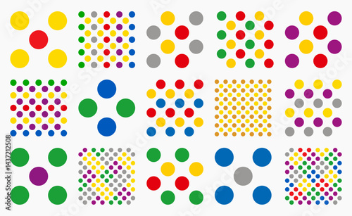 Set of colorful seamless polka dot patterns with colorful round and circle shapes. Minimal aesthetic with artistic appeal. Modern geometric vector designs for wallpapers and backgrounds.