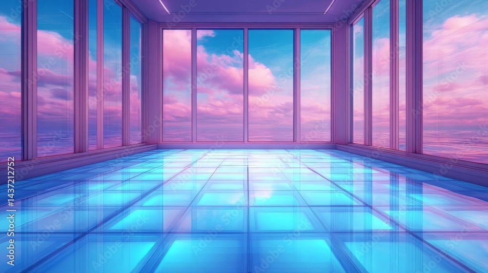 Fototapeta premium Futuristic vacation suite with checkered glass flooring emitting soft glows, overlooking a holographic ocean, Futuristic, Hologram style, Digital art