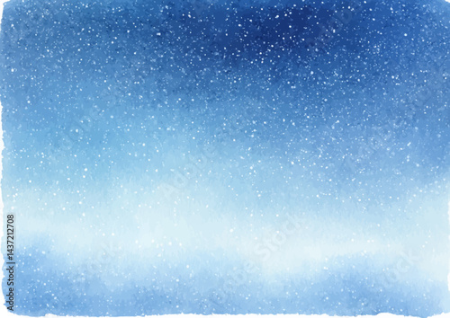 Watercolor painting of a winter sky with snowfall in gradient blue background