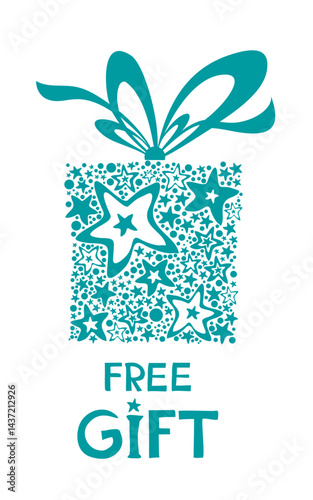 Free Gift. Celebration background with mint gift box, stars and place for your text. Flat design. Vector Illustration