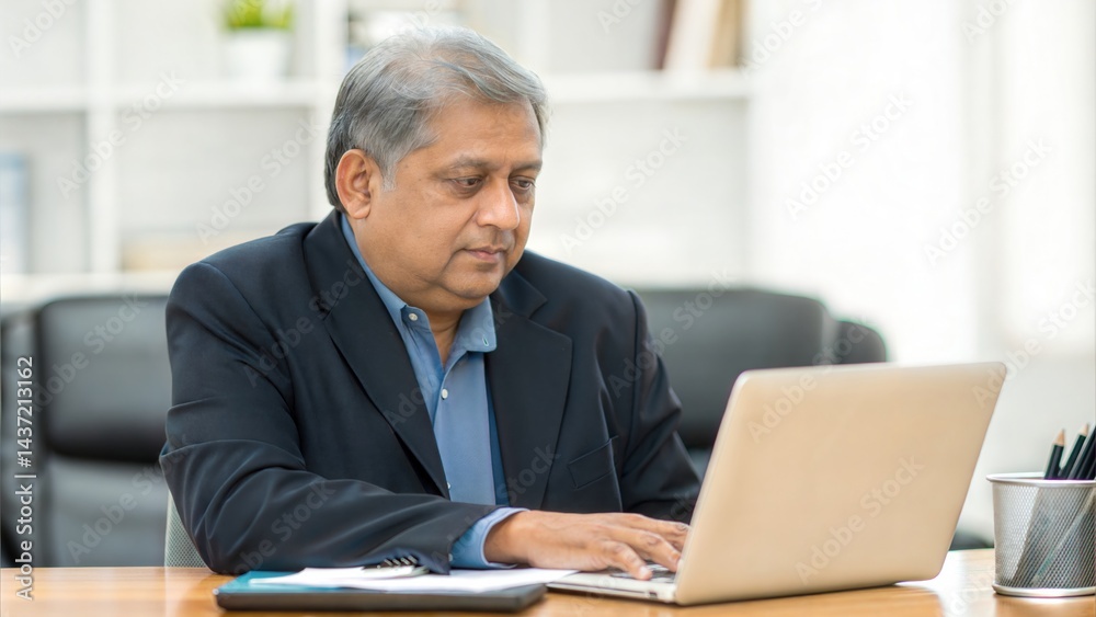 Mature Indian Businessman Typing Business Proposal in Home Office
Mature Indian Businessman Typing Business Proposal in Home Office
