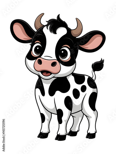 Wallpaper Mural Cute Cartoon Calf: A charming and cheerful cartoon calf, with adorable features, black and white spots, and a playful gaze, standing ready to bring a smile. Torontodigital.ca