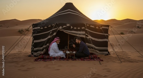 Two Men Drinking Coffee in Desert Tent at Sunset Sharing Culture