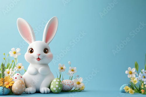 Cute cartoon bunny surrounded by colorful Easter eggs and flowers on a pastel blue background