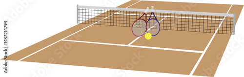 クレーコートのテニスコートとネット（スポーツ背景素材）　Clay Tennis Court and Net Illustration for Sports Background