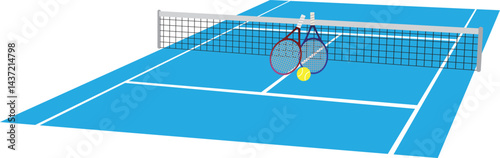 ハードコートのテニスコートとネット（スポーツ背景素材）　Hard Court Tennis Field and Net Illustration for Sports Background