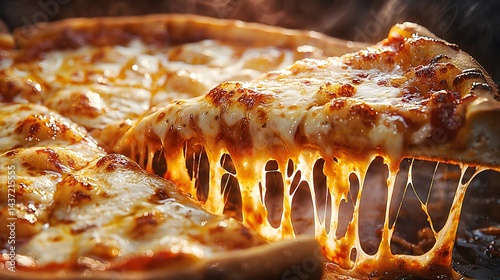 Mouth-watering deep-dish chicago-style pizza being eaten with gooey cheese and delicious toppings