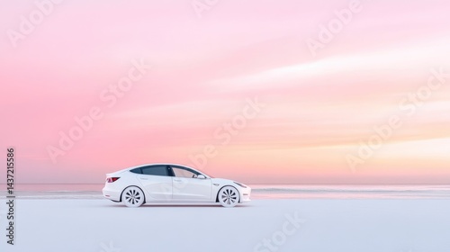 White electric car on a pristine beach at sunrise