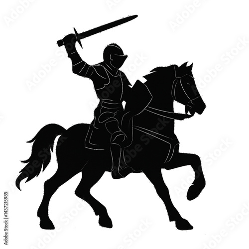 Silhouette of a Medieval Knight on Horseback with Sword and Shield in Dynamic Battle Pose on Dark Background Showcasing Heroic Chivalry and Historical Warfare