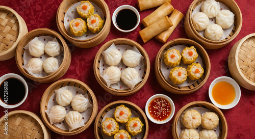 Overhead View of Dim Sum and Spring Rolls on Red Patterned Cloth