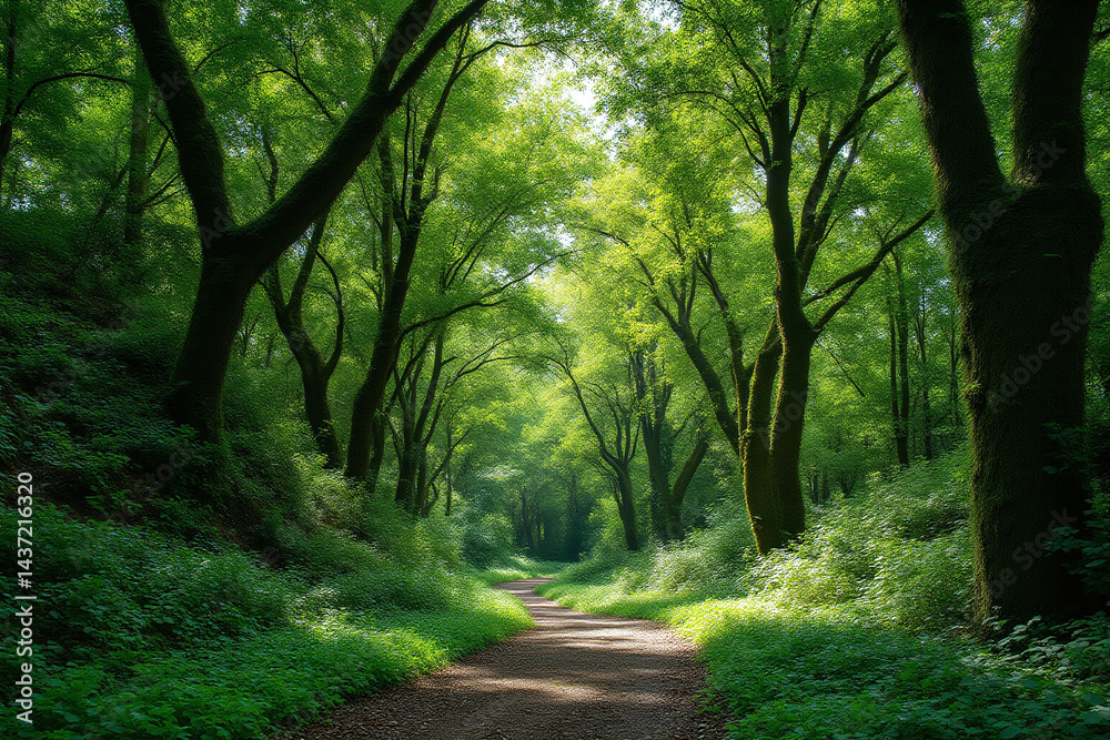 Obraz premium path through a lush green forest with moss covered trees