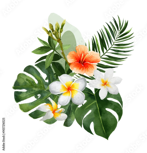 Watercolor Illustration of Tropical Flowers and Green Leaves Isolated on Black Background