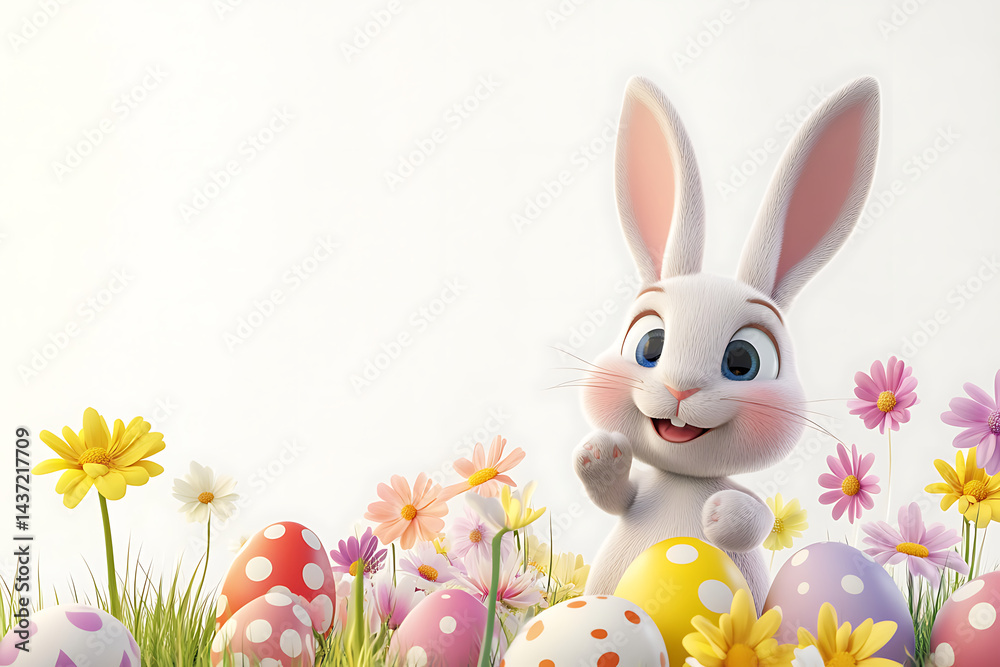 Obraz premium Cheerful cartoon bunny surrounded by colorful Easter eggs and flowers in a bright setting