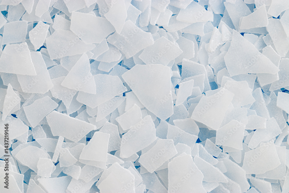 Close-up of magnesium flakes on turquoise background, salt crystalline texture. Natural White sea salt as wellness or spa products for bath soaks or relaxation, self-care or sustainable living