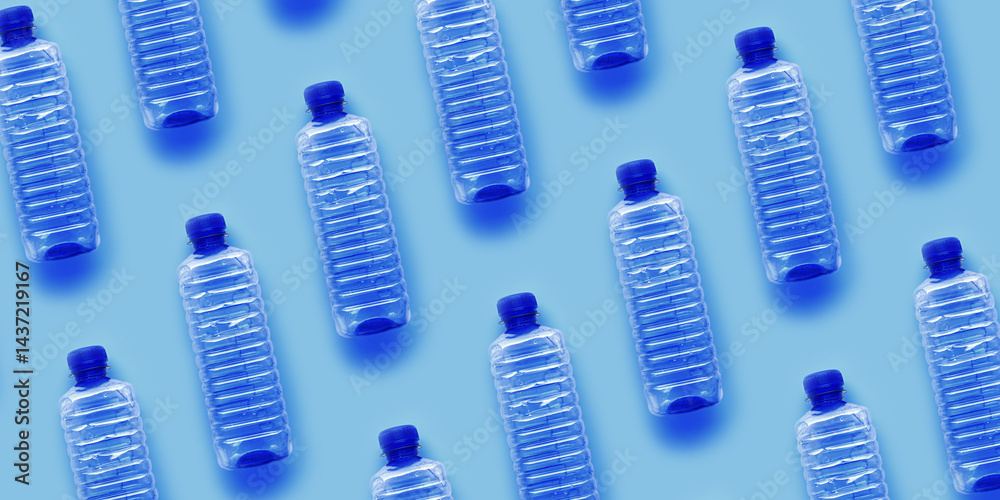 Clear single-use plastic water bottles for water on light blue background, banner, geometric pattern, minimal style object, top view row bottle, Pollution, environmental protection, plastic waste
