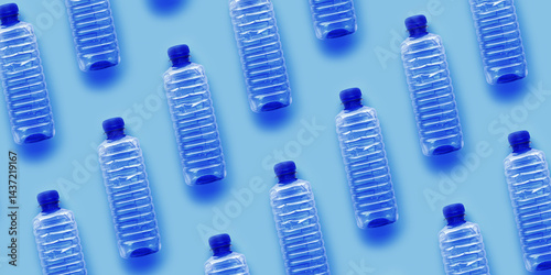 Obraz na płótnie Clear single-use plastic water bottles for water on light blue background, banner, geometric pattern, minimal style object, top view row bottle, Pollution, environmental protection, plastic waste w salonie