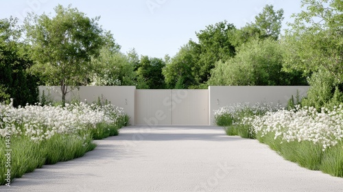 Elegant driveway lined with lush greenery and a cream-colored gate
