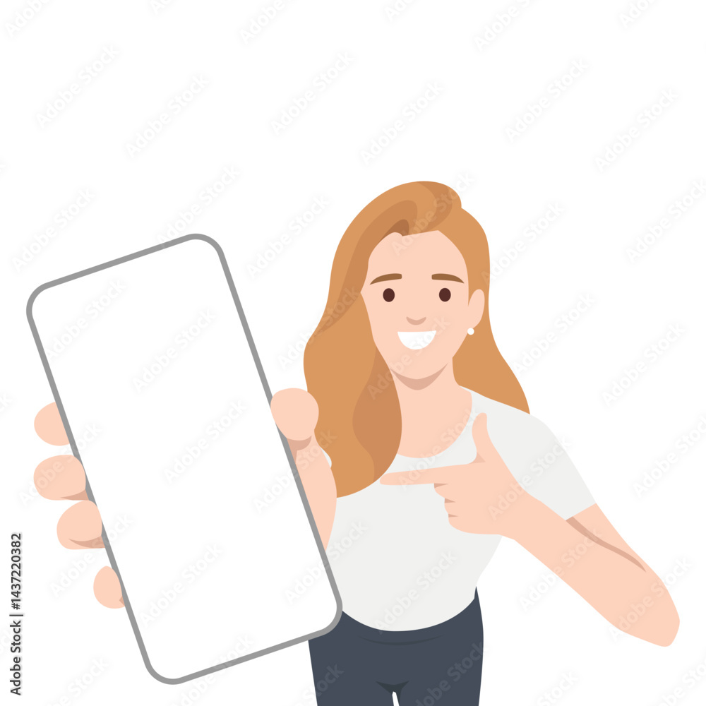 Happy Woman Showing a Smartphone Screen. Flat vector illustration isolated on white background Happy Woman Showing a Smartphone Screen. Flat vector illustration isolated on white background