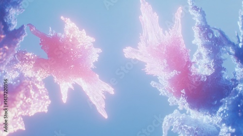 Glowing crystals float in pastel blue sky; abstract background, website design