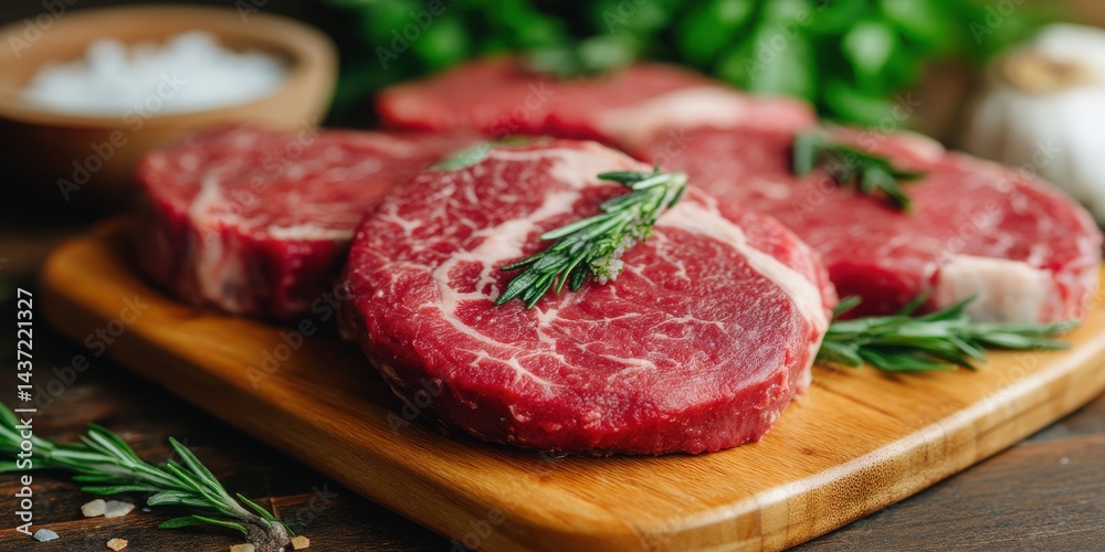 Steakhouse Chef Concept. Fresh Raw Ribeye Steaks with Rosemary Herb on Wooden Cutting Board and Rustic Background Steakhouse Chef Concept. Fresh Raw Ribeye Steaks with Rosemary Herb on Wooden Cutting Board and Rustic Background