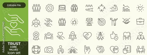 Trust line editable icon set. Containing trustworthy, confidence, credibility, promise, friends, truth, faith, honesty, core values, and more. Vector illustration