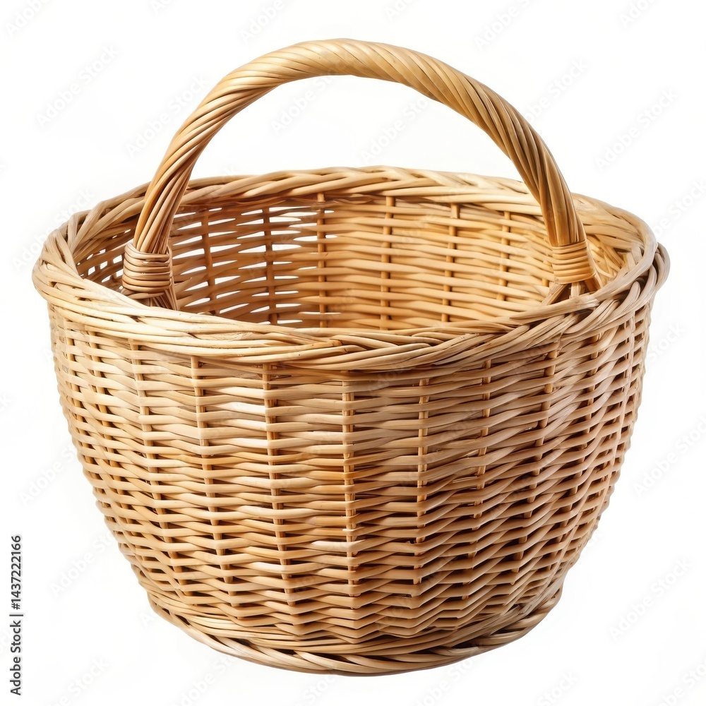 Empty Wicker Basket With Handle Rustic And Traditional Craftsmanship Isolated Empty Wicker Basket With Handle Rustic And Traditional Craftsmanship Isolated