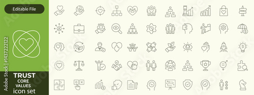 Trust line editable icon set. Containing trustworthy, confidence, credibility, promise, friends, truth, faith, honesty, core values, and more. Vector illustration