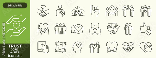 Trust line editable icon set. Containing trustworthy, confidence, credibility, promise, friends, truth, faith, honesty, core values, and more. Vector illustration