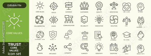 Trust line editable icon set. Containing trustworthy, confidence, credibility, promise, friends, truth, faith, honesty, core values, and more. Vector illustration