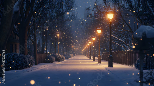 Ethereal winter promenade illuminated by vintage streetlights amidst falling snow photo
