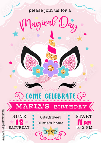 Unicorn cute birthday  invitation template vertical card, fabulous animal, event celebration, vector illustration